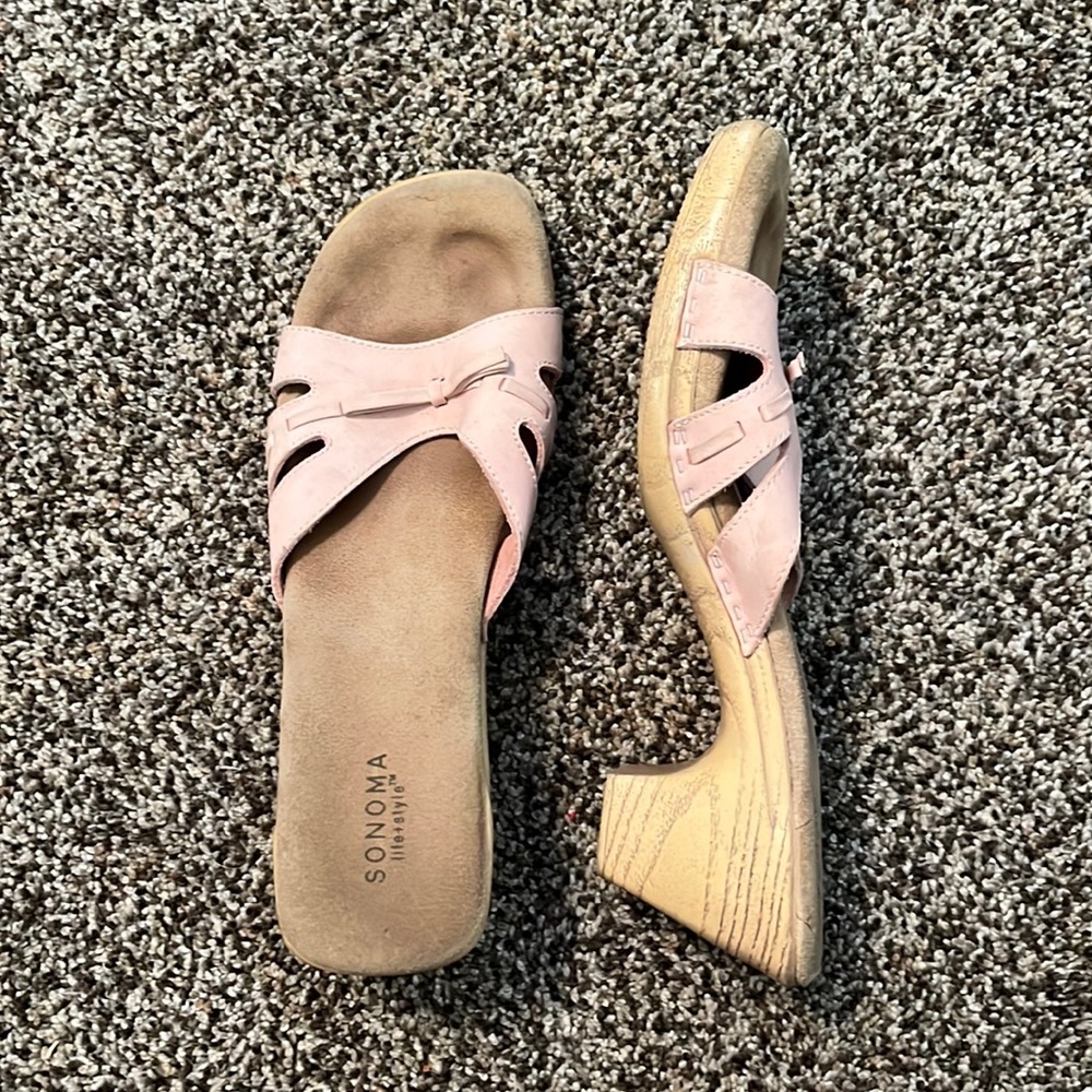Tan and pink heeled sandals